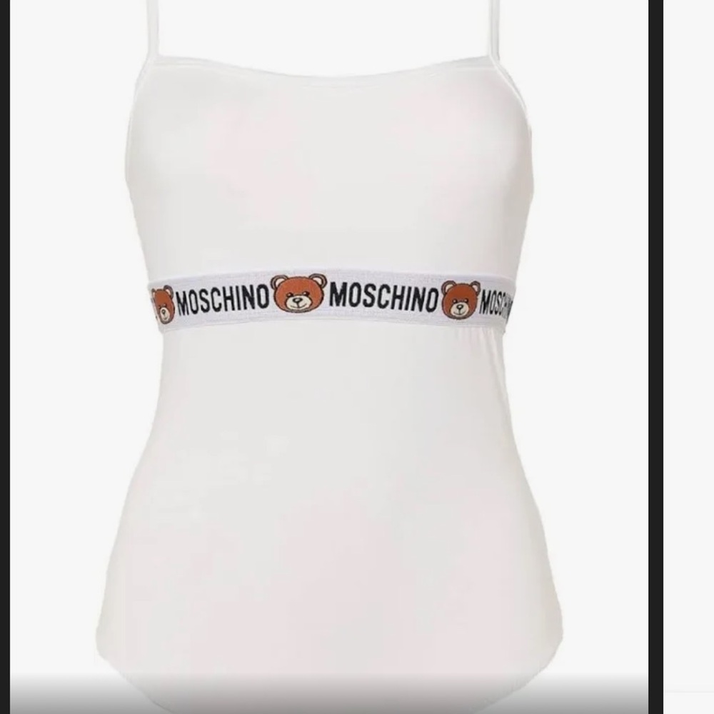 Moschino white body suit with iconic teddy bear logo. Size sm/xs. NWOT